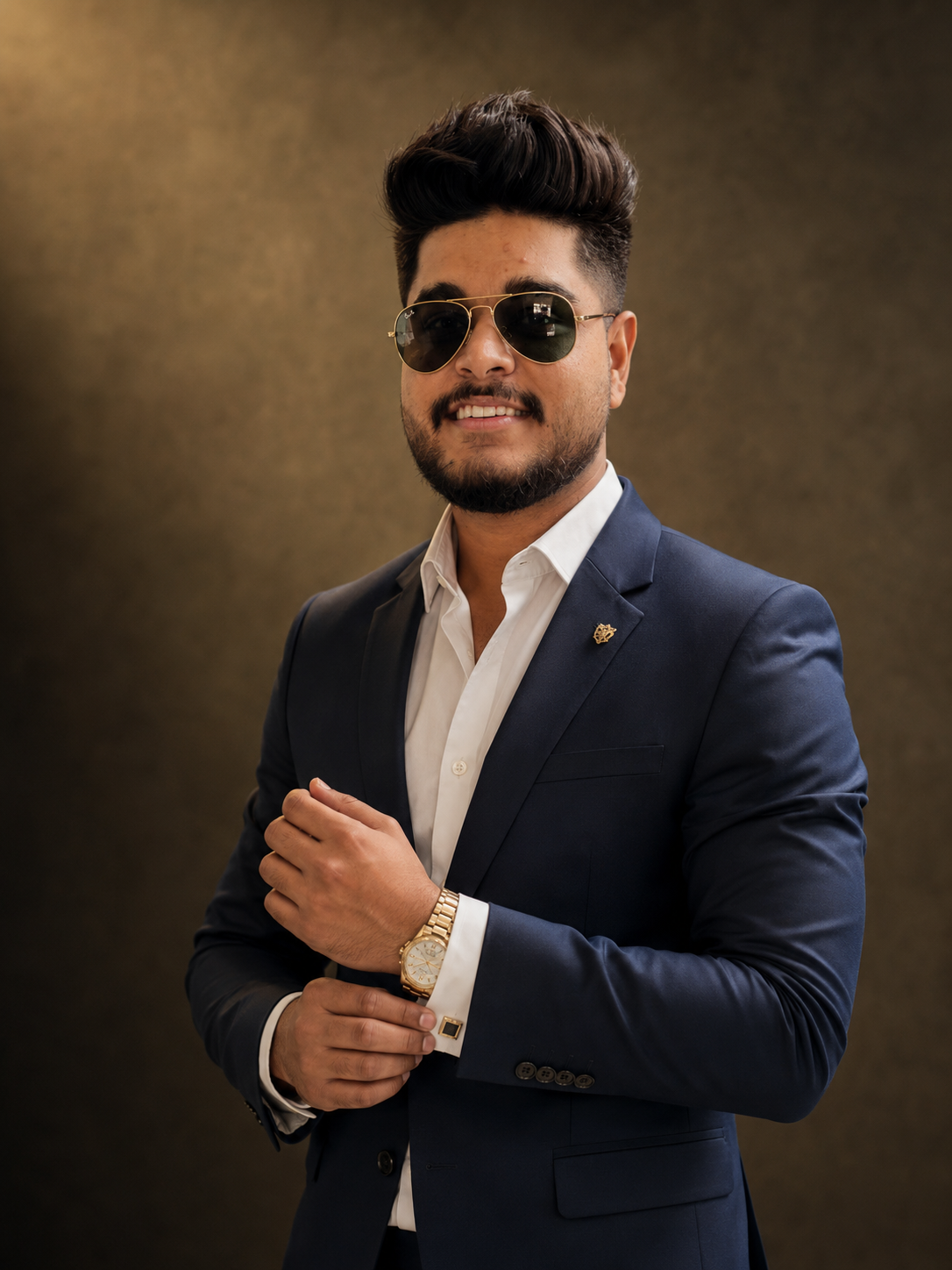 High-end professional portrait of a distinguished middle-aged gentleman in a bespoke navy suit, standing in a sophisticated, modern office with soft architectural lighting.